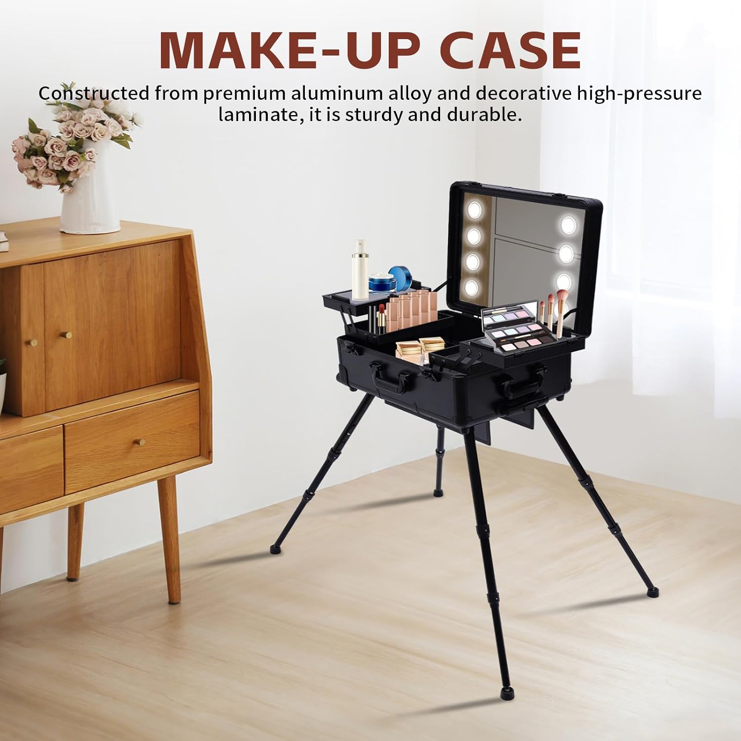 Make-Up Case, Cosmetic Train Table with 4 Rolling Wheels & Lights & Mirror, Pro Make-Up Station, Cover Panel and Easy-to-Clean Extendable Trays, Adjustable Legs, Robust (Black)