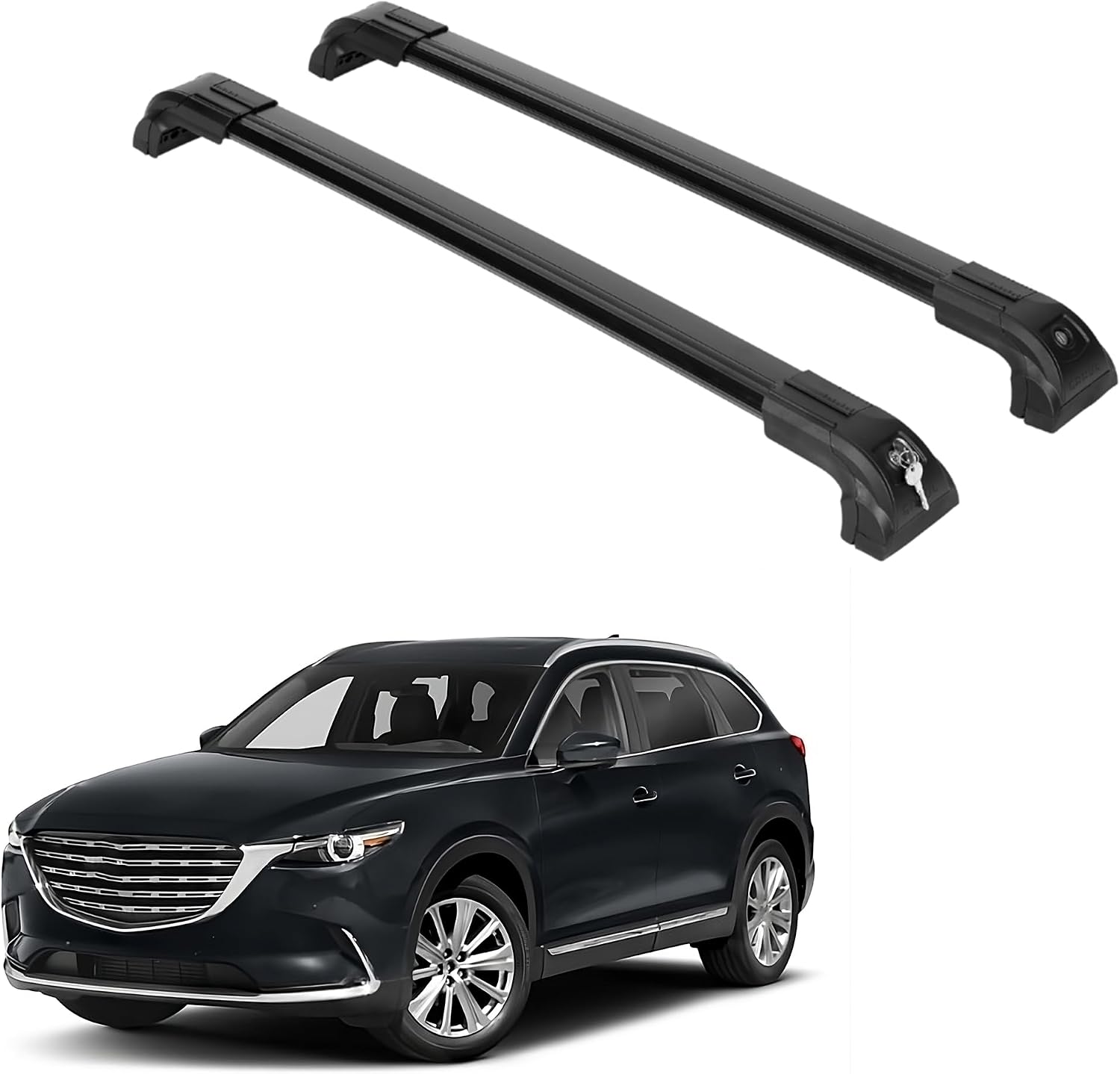 ERKUL Heavy Duty Roof Rack Cross Bars for Mazda CX9 CX-9 2016-2023 | Solid Metal Mounts | Aluminum Crossbars with Anti Theft Lock for Rooftop - Compatible with Flush Rails - Black