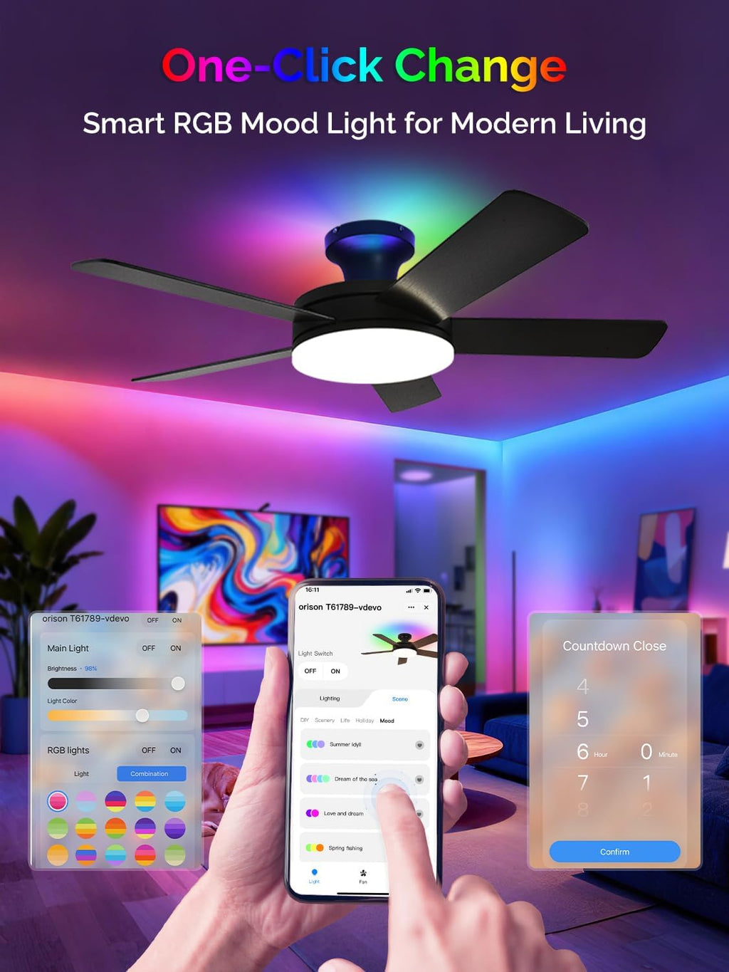 Orison Ceiling Fans with Lights, 45 Inch Low Profile Ceiling Fan with Light and Remote/APP Control, RGB Backlight & LED 3CCT Dimmable, DC Reversible Motor, 6 Speeds, 5 Reversible Blades