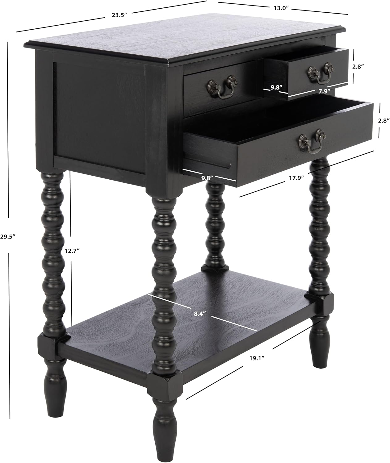 SAFAVIEH Furniture - Athena 3-Drawer Console Table - Black - Solid Wood - Farmhouse Classic Design - Ideal for Entryway, Living Room, Hallway, 23.5' W x 13' D x 29.5' H (CNS5703B)