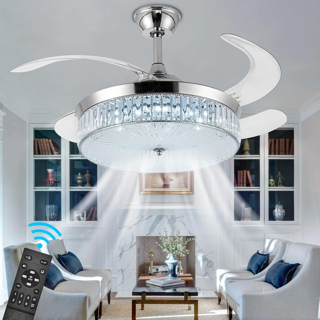 Bavnnro Crystal Ceiling Fans with Lights,42 Inch LED 3 Color Remote Control Retractable Invisible Blades 3 Speeds Indoor Ceiling Light Kits with Fans for Decorate Living Room Bedroom