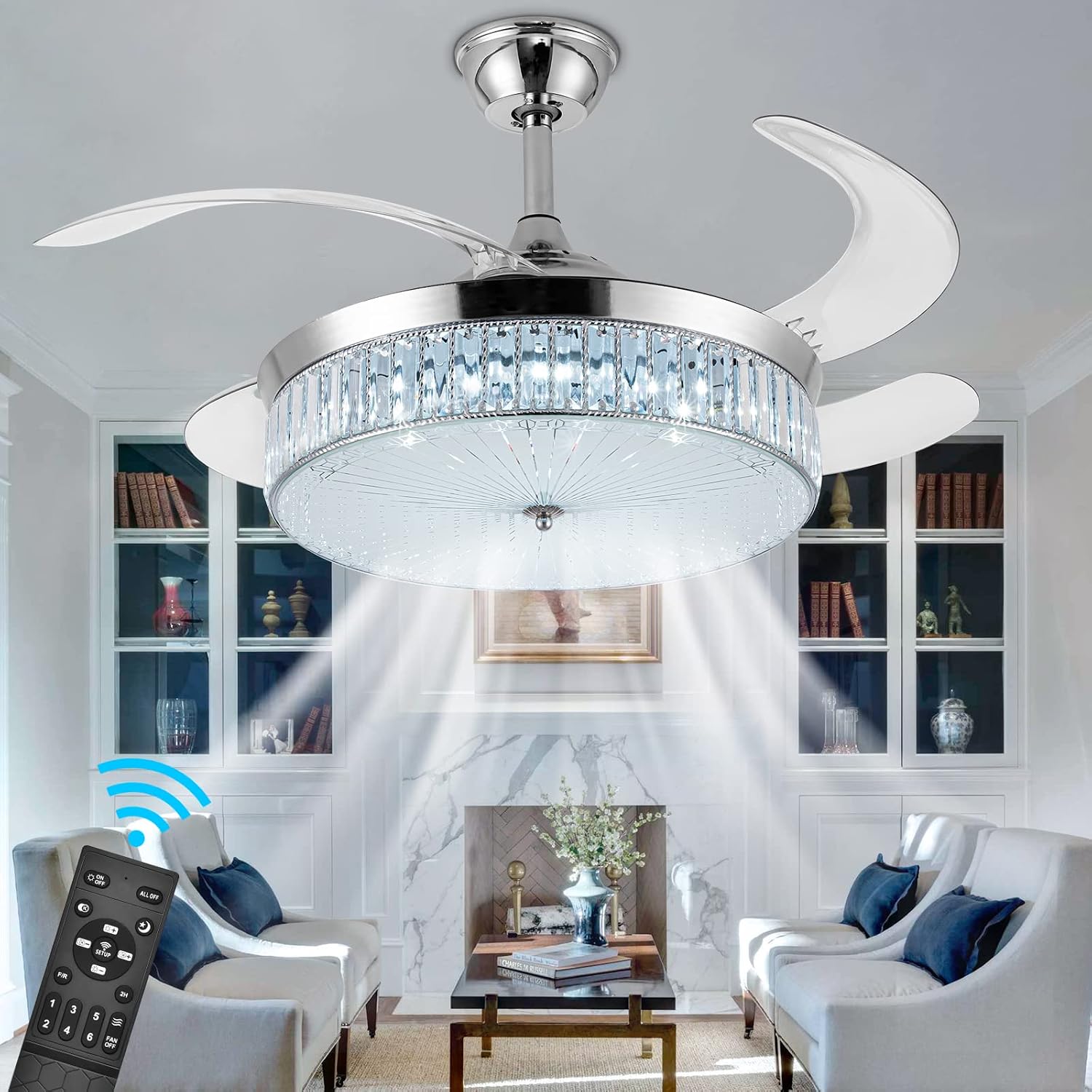 Bavnnro Crystal Ceiling Fans with Lights,42 Inch LED 3 Color Remote Control Retractable Invisible Blades 3 Speeds Indoor Ceiling Light Kits with Fans for Decorate Living Room Bedroom