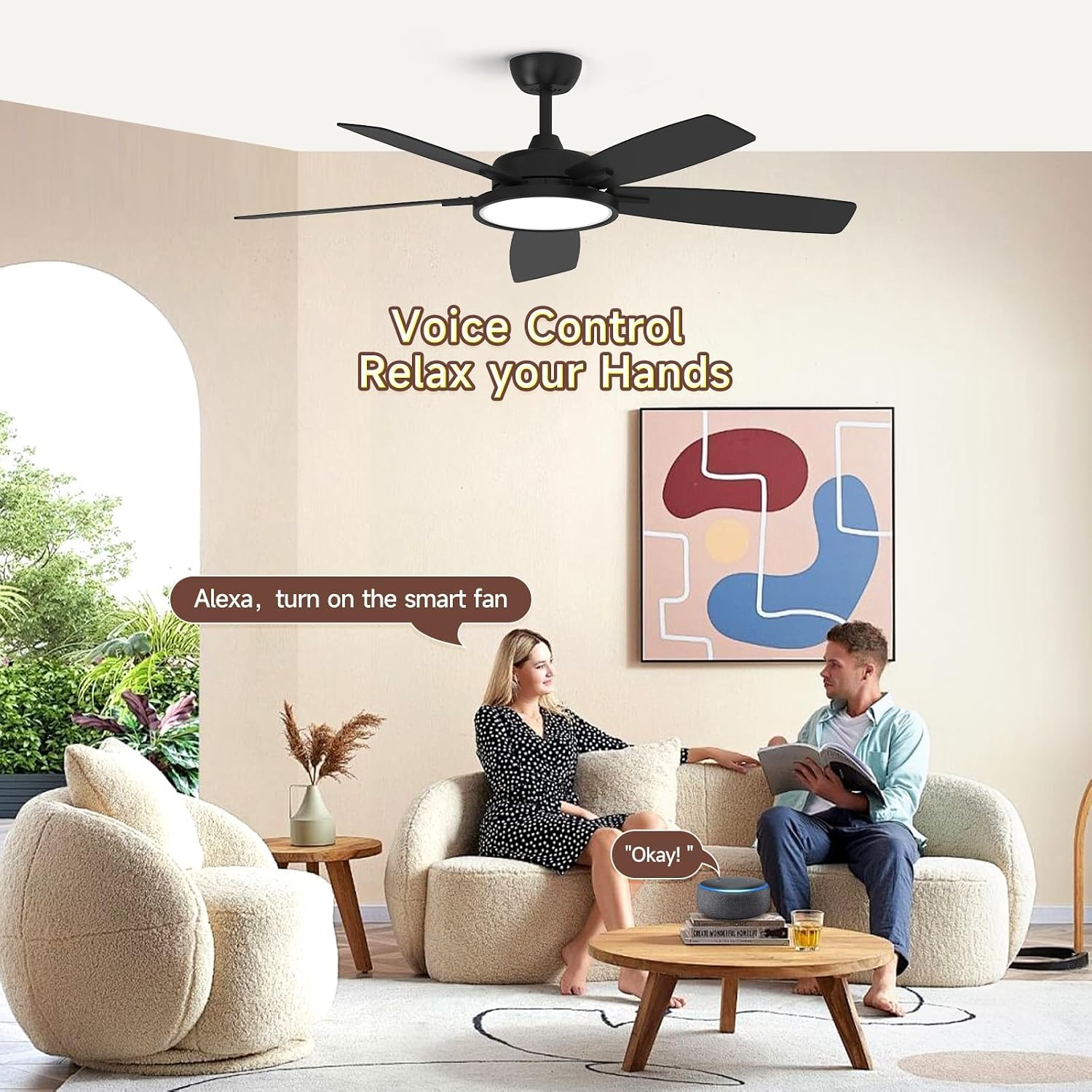 Roomratv 52 Inch Smart Ceiling Fan with Light,App Control,Ultra Silent Reversible DC Motor Fan Remote Control Compatible with Alexa Google home（black）