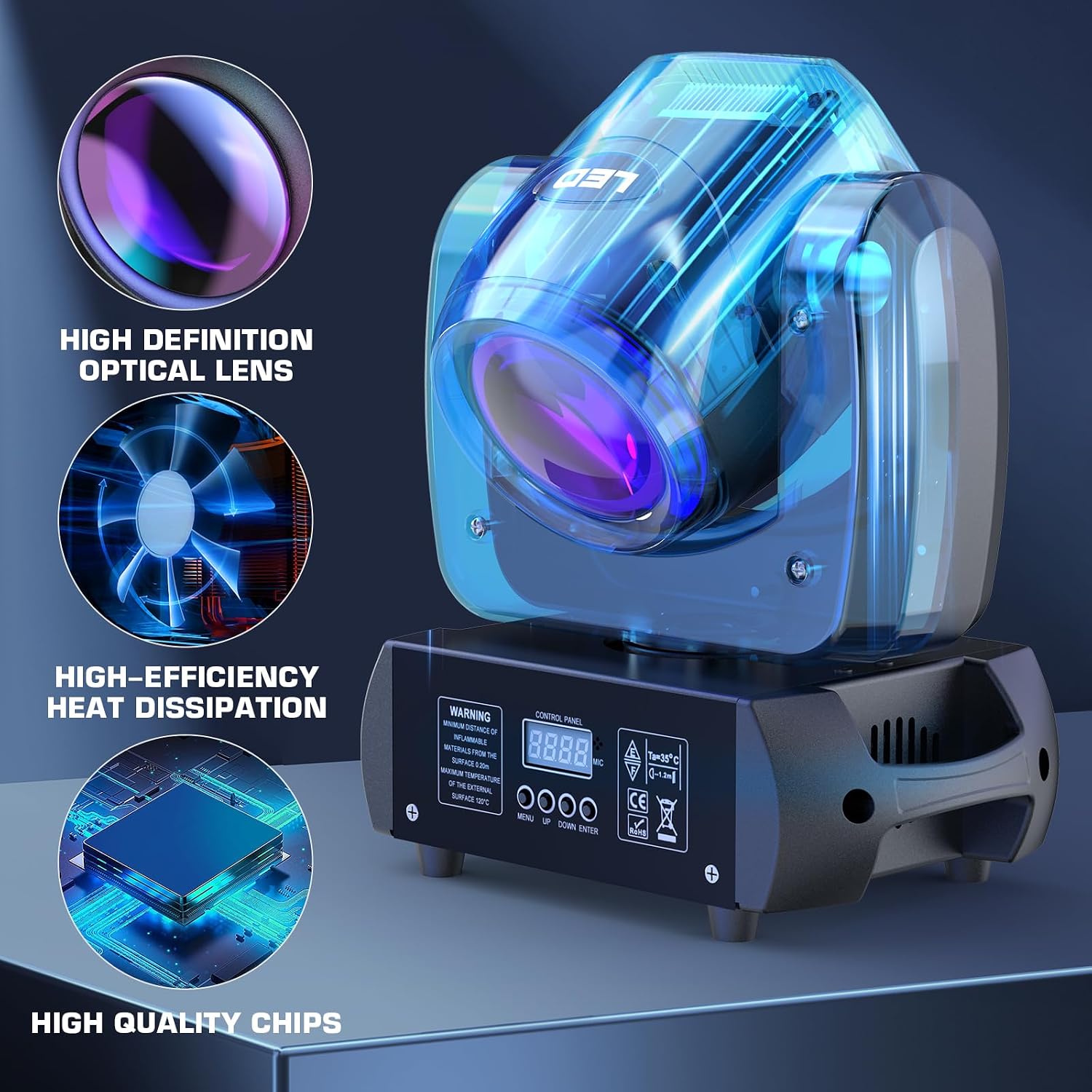 HOLDLAMP 120W LED Moving Head Light with Rotating 18-Facet Prism, Gobos and 8 Colors by DMX and Sound Activated Control (Moving Heads 4 Pack)