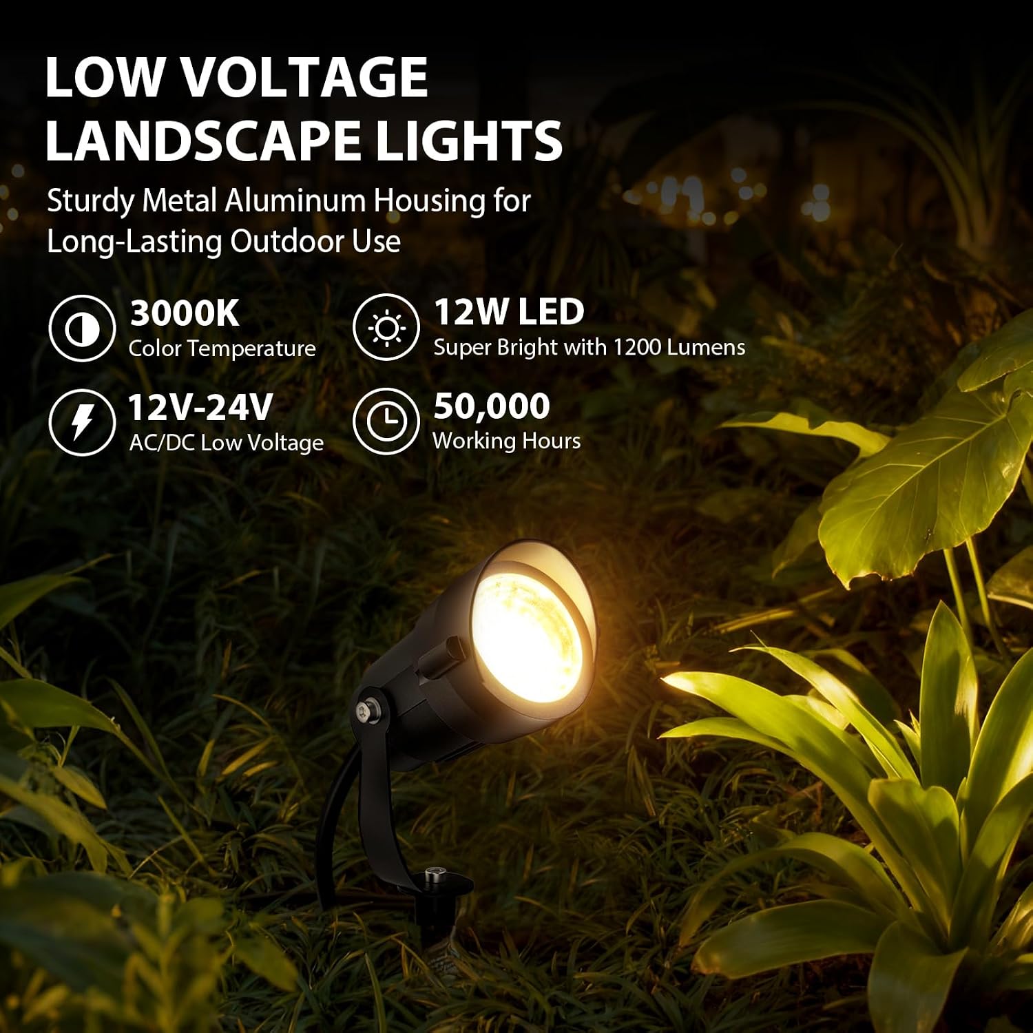 12W Low Voltage Landscape Lighting Kit, 3000K LED Landscape Lights with 200W Transformer, 100FT 16/2 Wire and Connectors, Waterproof Outdoor Spotlights for Yard, Garden, Pathway, 12V-24V AC/DC, 12Pack