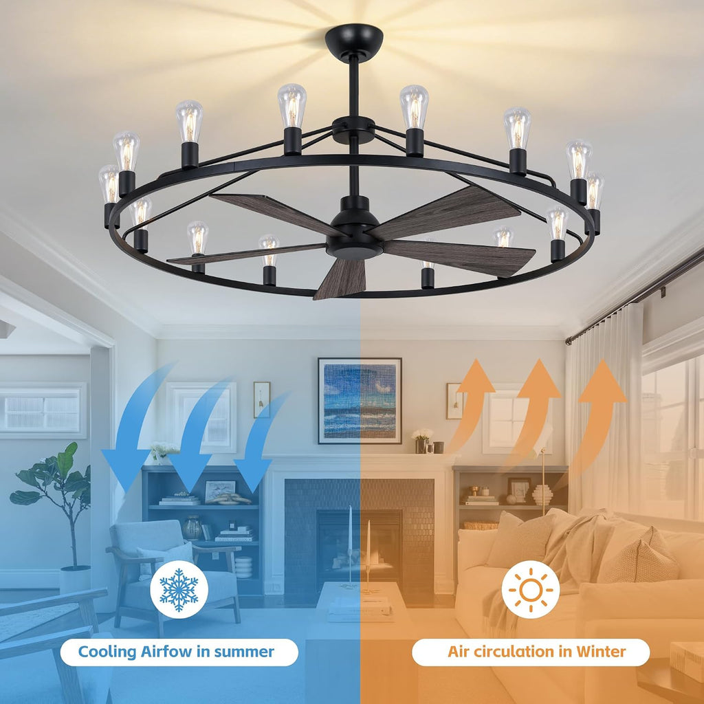 She's home 50' Wagon Wheel Chandelier with Fans, Black Large Farmhouse Ceiling Fan with Light and Remote, 15-Lights Round Rustic Fandelier for Living Room, Dining Room, Height Adjustable