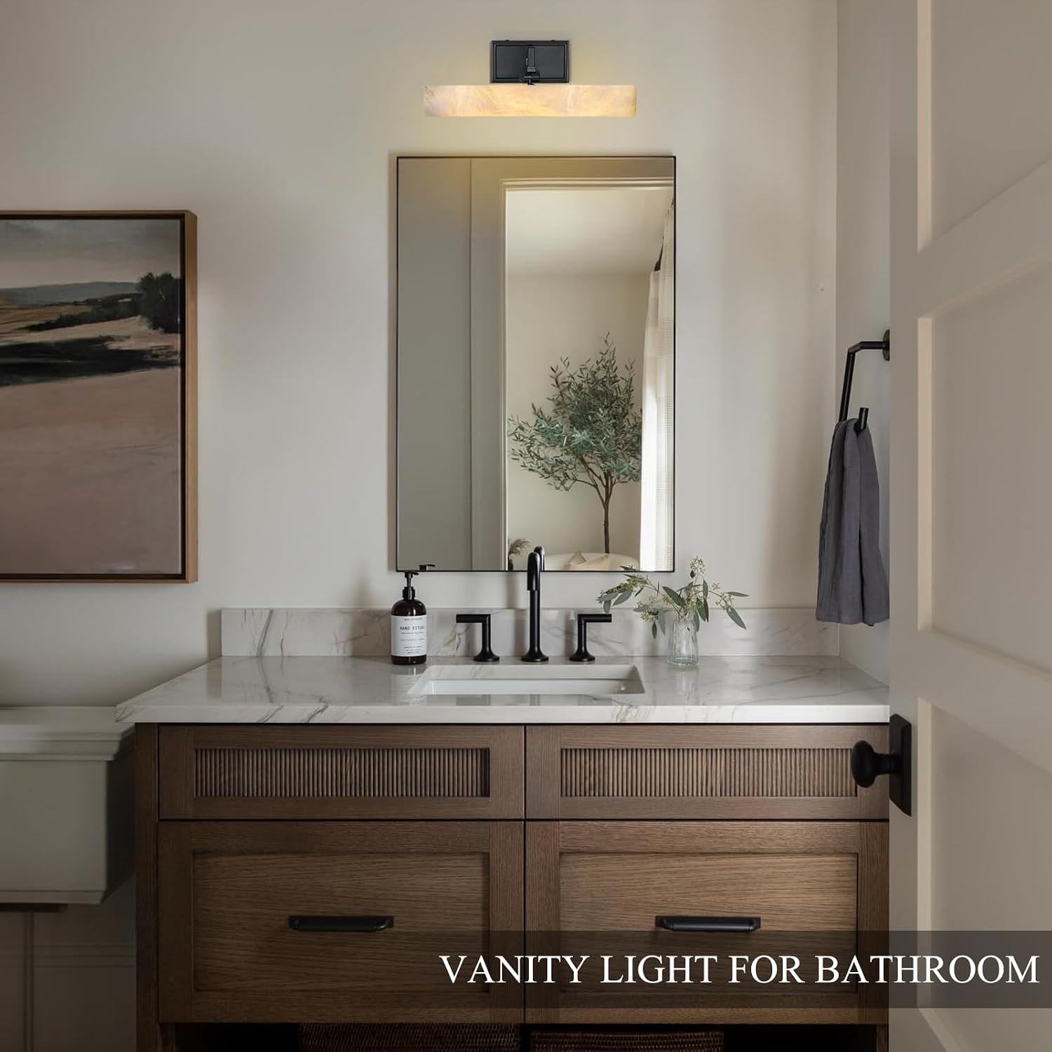 Alabaster Picture Light Hardwired, 12' Matte Black Art Light for Wall & Paintings, Real Spanish Marble Picture Frame Light, Dimmable LED Gallery Lighting, Bathroom Vanity Light Accent for Mirror Use