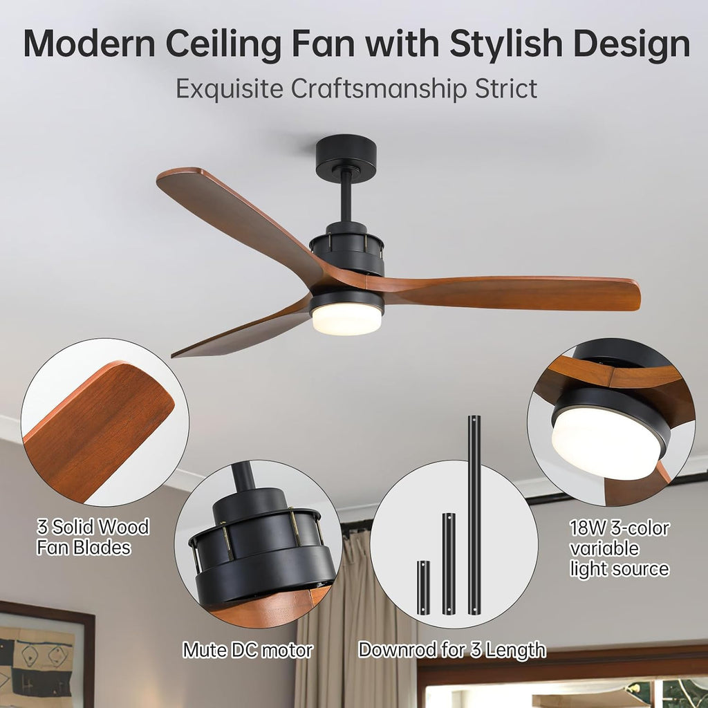 Sofucor 60 inch Ceiling Fan with Lights and Remote, Modern Large LED Wood Ceiling Fan for Indoor Living Room Bedroom Outdoor Patio Porch, Reversible DC Motor