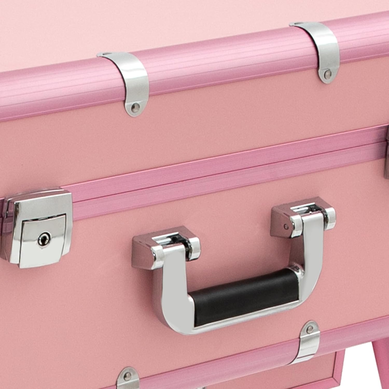 3 Tiers Rolling Makeup Train Case, Portable Makeup Vanity Station 12V Chargeable Cosmetic Trolley Lockable Storage Organizer with LED Light & Mirror & Wheels, Adjustable Height for Travel (Pink)