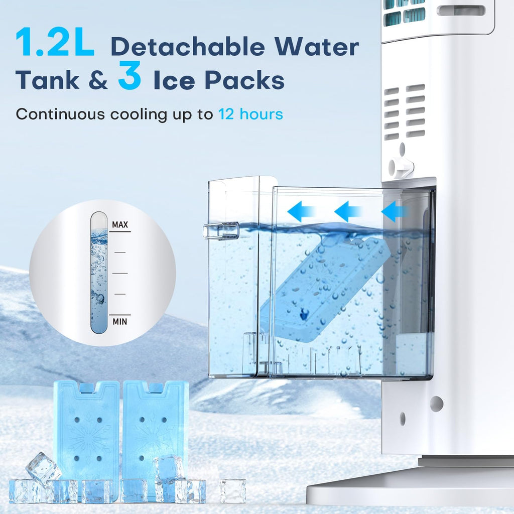 Evaporative Air Cooler, 35' Windowless Air Conditioner Portable, 3 Speeds, 1.2L Water Tank, 3 Ice Packs, 20ft Remote, 7H Timer, No Hose No Window Needed,70° Oscillating Portable AC Unit for Room