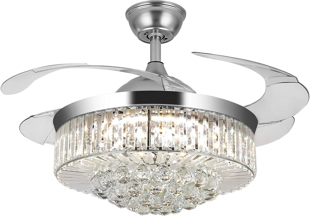 WWahuayuan 36' Chandelier Ceiling Fan Light, Modern Retractable Invisible Ceiling Fan Light Remote Control 4 Retractable ABS Blades for Bedroom Living Room Dining Room Decoration