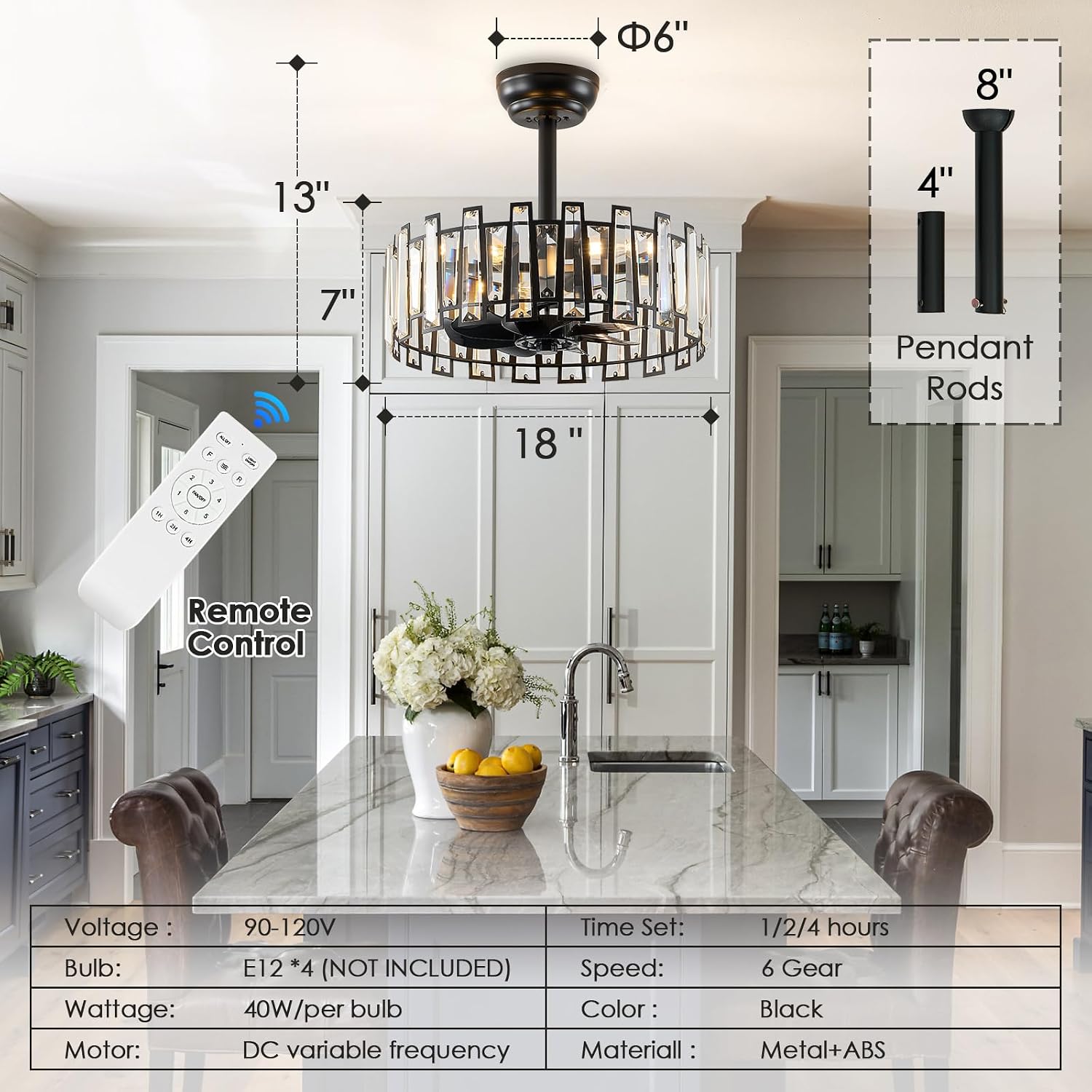 Crystal Caged Ceiling Fan Light with Remote Control Modern Black Crystal Ceiling Light with Fan Reversible 18in Fandelier for Bedroom Kitchen Dining Room Living Room