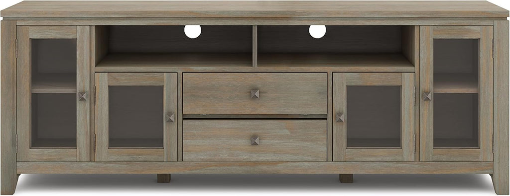 SIMPLIHOME Cosmopolitan SOLID WOOD Universal TV Media Stand, 72 inch Wide, Contemporary, Living Room Entertainment Center with Storage, for Flat Screen TVs up to 80 inches in Distressed Grey