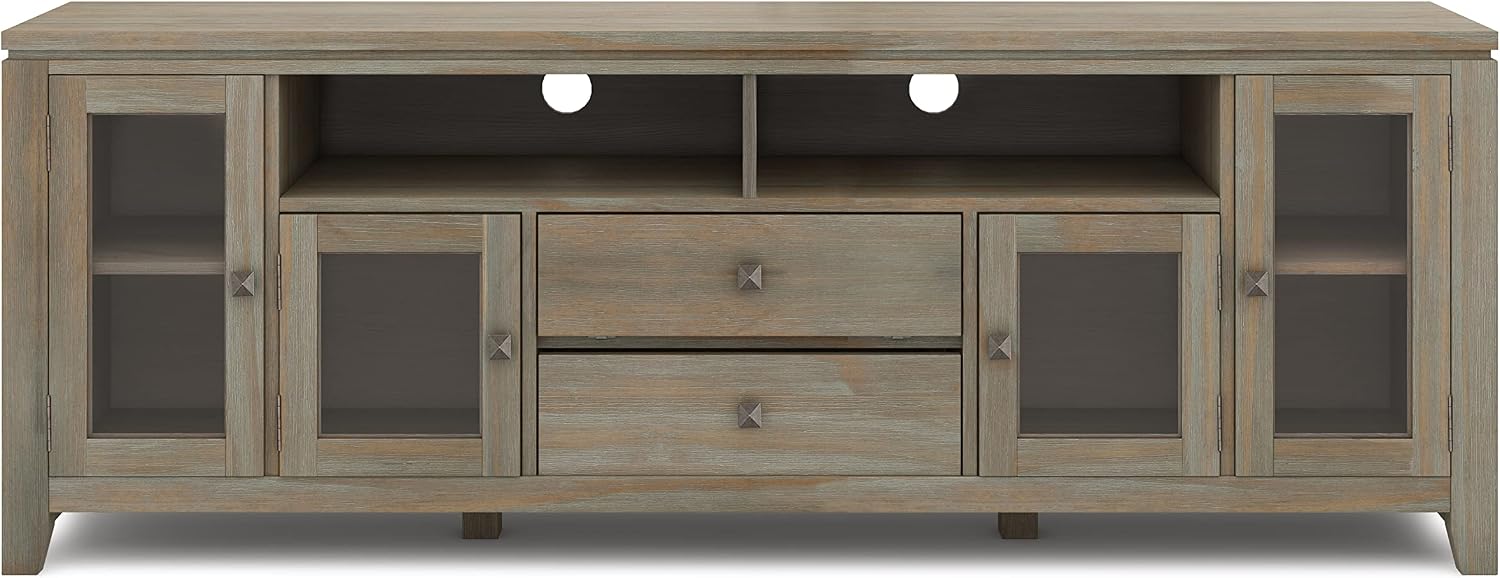 SIMPLIHOME Cosmopolitan SOLID WOOD Universal TV Media Stand, 72 inch Wide, Contemporary, Living Room Entertainment Center with Storage, for Flat Screen TVs up to 80 inches in Distressed Grey