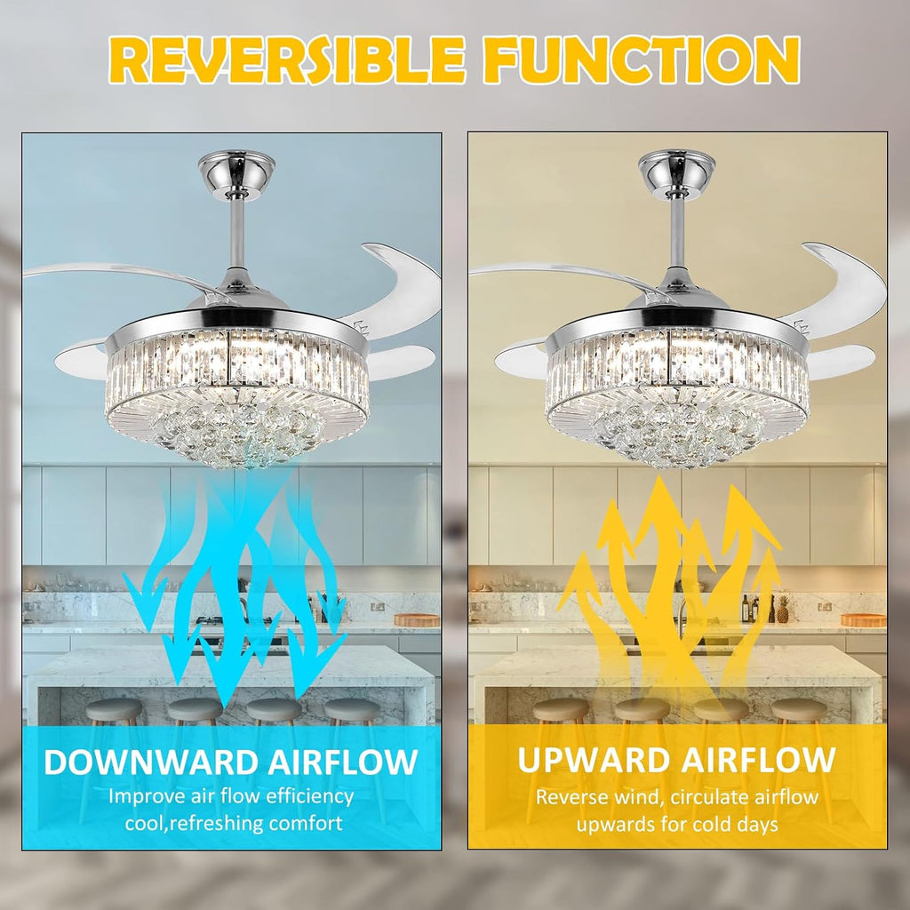 36' Invisible Ceiling Fan Chandelier Light,Modern Crystal Ceiling Fan Light Remote Control 4 Retractable ABS Blades for Bedroom Living Room Dining Room Decoration (Silver)