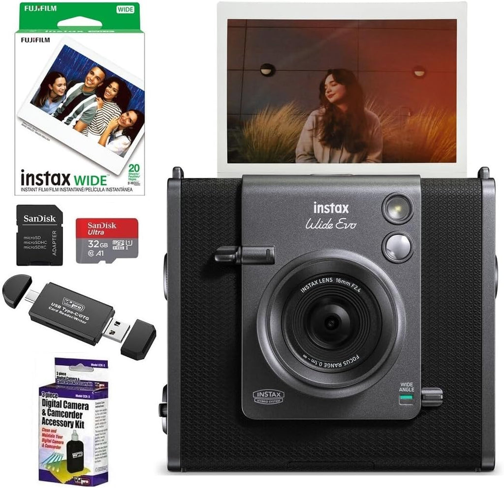 Fujifilm Instax WIDE EVO Hybrid Instant Film Camera Bundle, Includes INSTAX WIDE Instant Film (20 Exposures), SanDisk 32GB MicroSDHC Memory Card and More (5 Items)