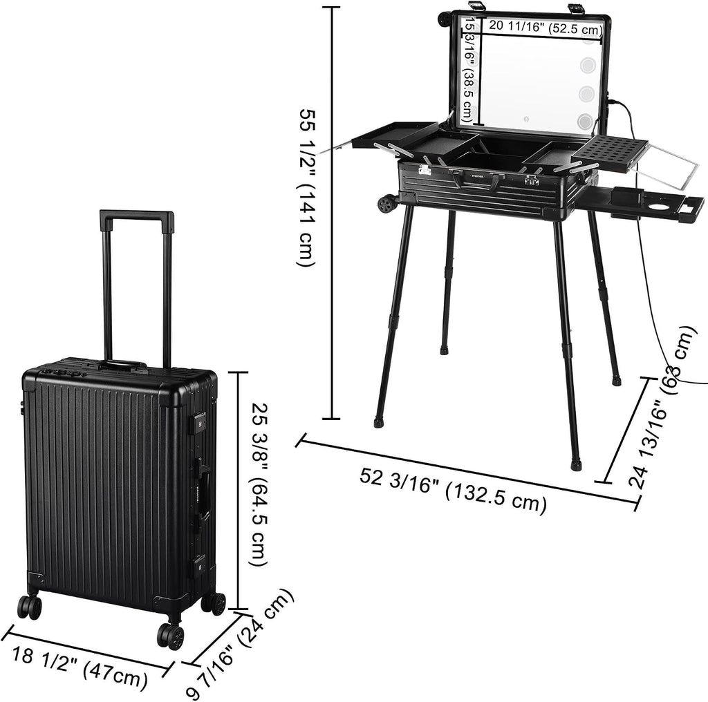 BYOOTIQUE Rolling Makeup Case with LED Lighted Mirror 24 Inch Professional Cosmetic Organizer Storage Travel Aluminum Trolley Case with Extendable Tray Adjustable Leg For Makeup Artist Studio Salon