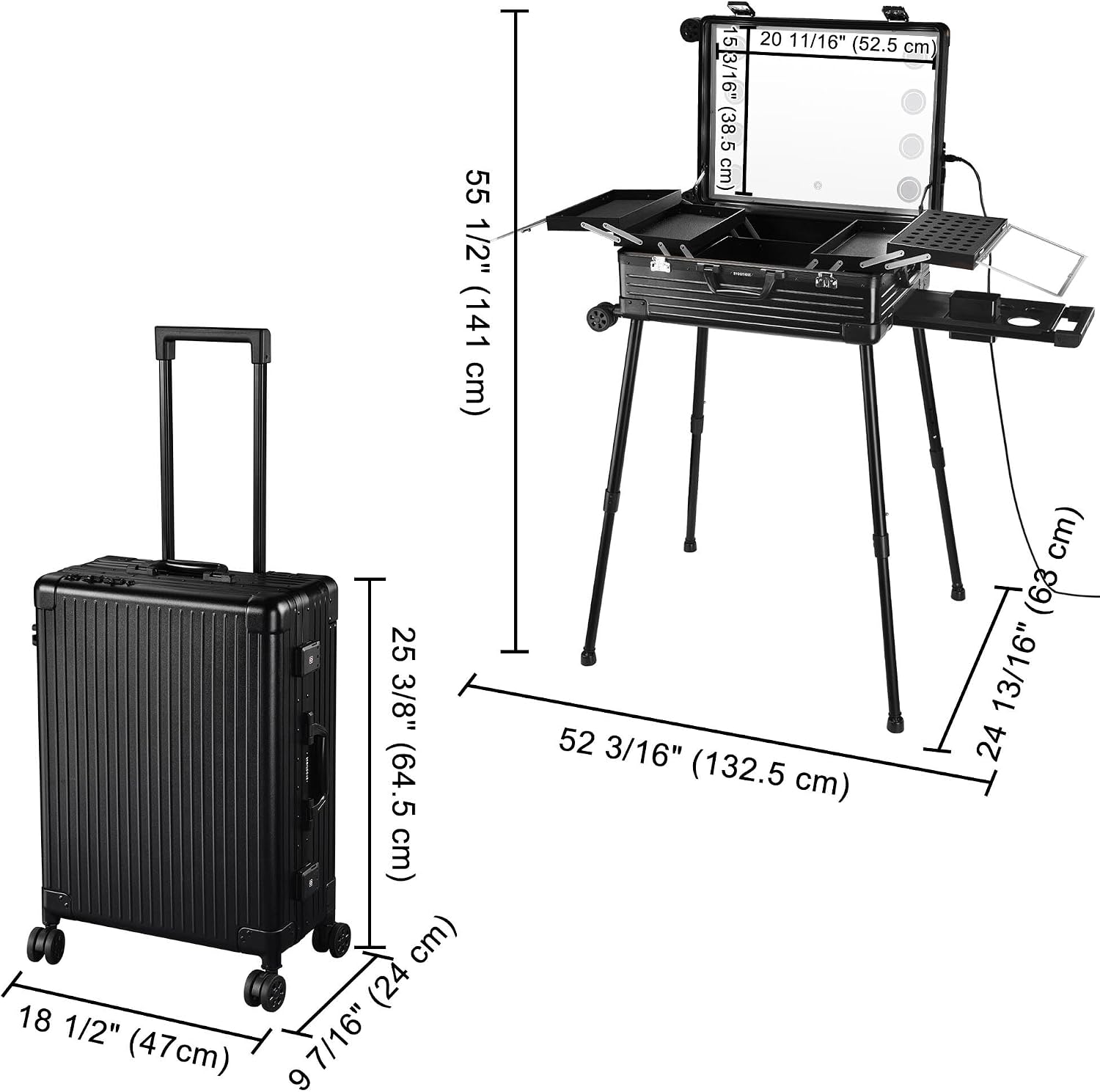 BYOOTIQUE Rolling Makeup Case with LED Lighted Mirror 24 Inch Professional Cosmetic Organizer Storage Travel Aluminum Trolley Case with Extendable Tray Adjustable Leg For Makeup Artist Studio Salon
