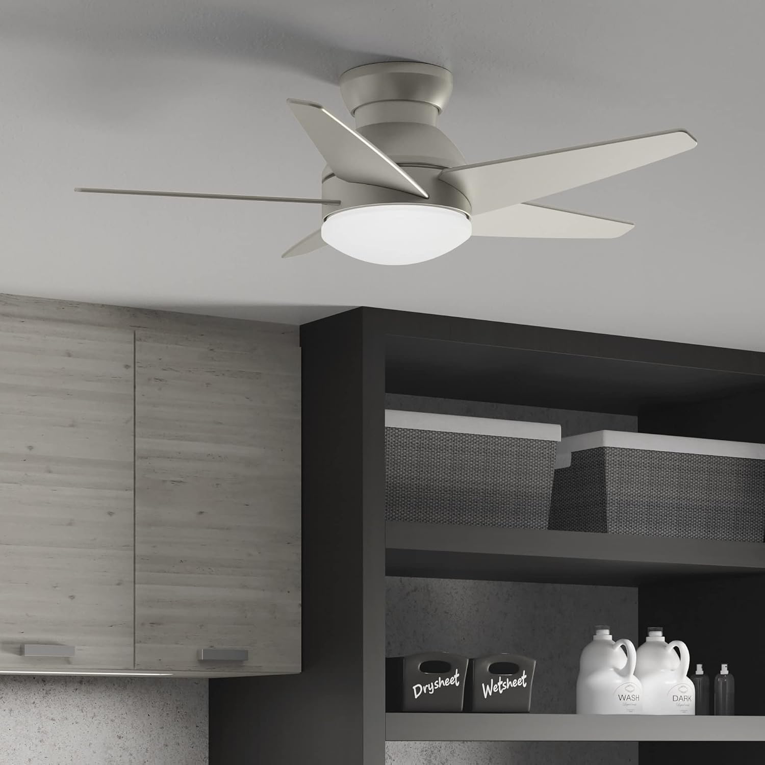 Casablanca 44 inch Indoor Ceiling Fan with LED Light - Low Profile Flush Mount Ceiling Fan for Bedroom, Living Room, or Kitchen, Wall Control, 5 Blades, Includes Bulb - Isotope 51742, Matte Nickel