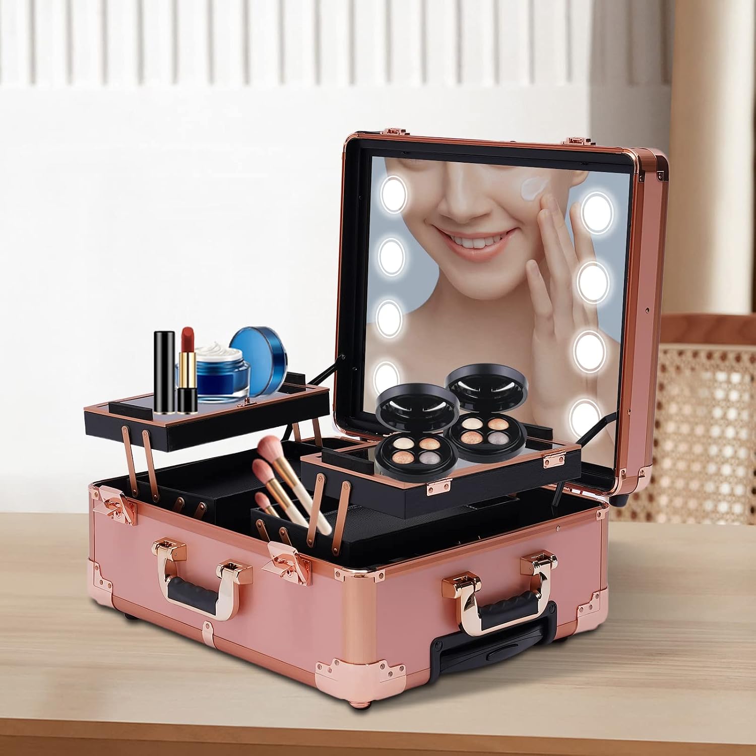 20' Aluminum Trolley Makeup Train Case with Mirror &LED Lights, Professional Cosmetic Organizer Makeup Suitcase with Wheels, Portable Makeup Vanity Rolling Vanity Makeup Station for Travel (Rose Gold)