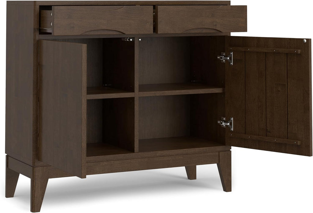 SIMPLIHOME Harper Storage Cabinet - 40 inch Wide Solid Wood Medium Storage Cabinet in Walnut Brown, Mid-Century Modern Cupboard for Entryway or Dining Room with Drawers, Tapered Legs, and Shelves