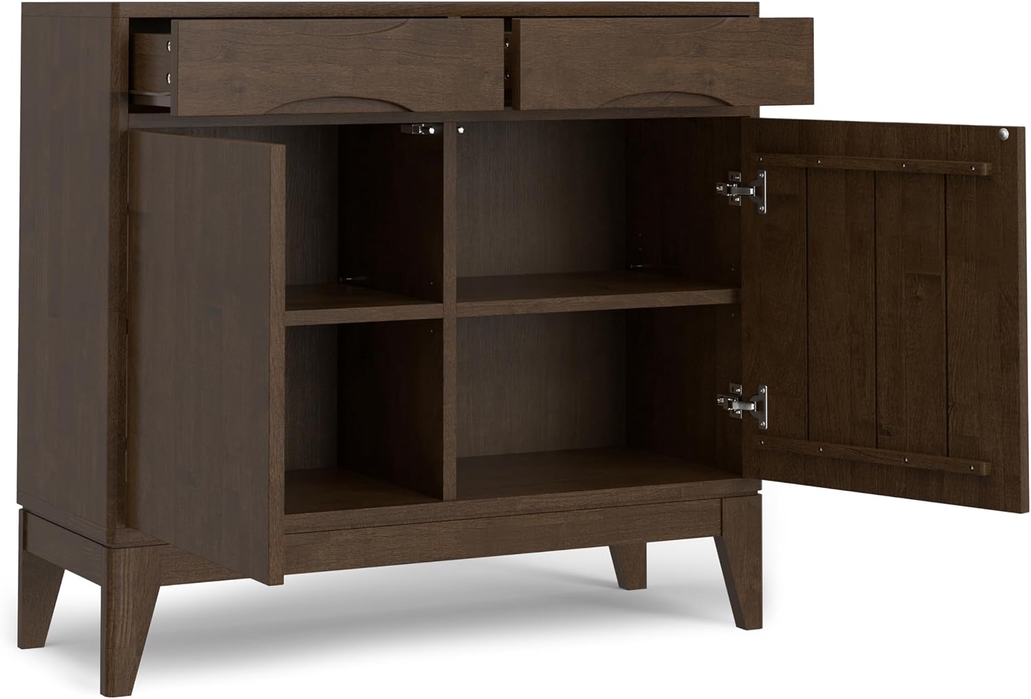SIMPLIHOME Harper Storage Cabinet - 40 inch Wide Solid Wood Medium Storage Cabinet in Walnut Brown, Mid-Century Modern Cupboard for Entryway or Dining Room with Drawers, Tapered Legs, and Shelves