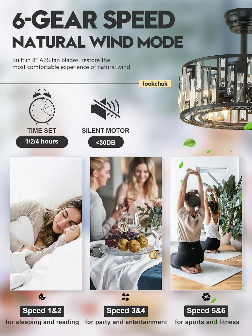 Crystal Caged Ceiling Fan Light Modern Black Fandelier with Remote Control Bladeless Ceiling Fan Lighting for Bedroom Dining Room Kitchen Living Room