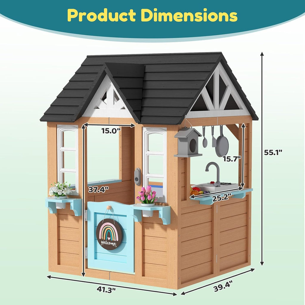 BIERUM Outdoor Playhouse for Kids - Wooden Kid Play House with Play Kitchen, Birdhouse, Flowerpot Holders and Mud Molds, Premium Wood Kids Cottage for Ages 3-8, Backyard Pretend Play, Blue & Brown