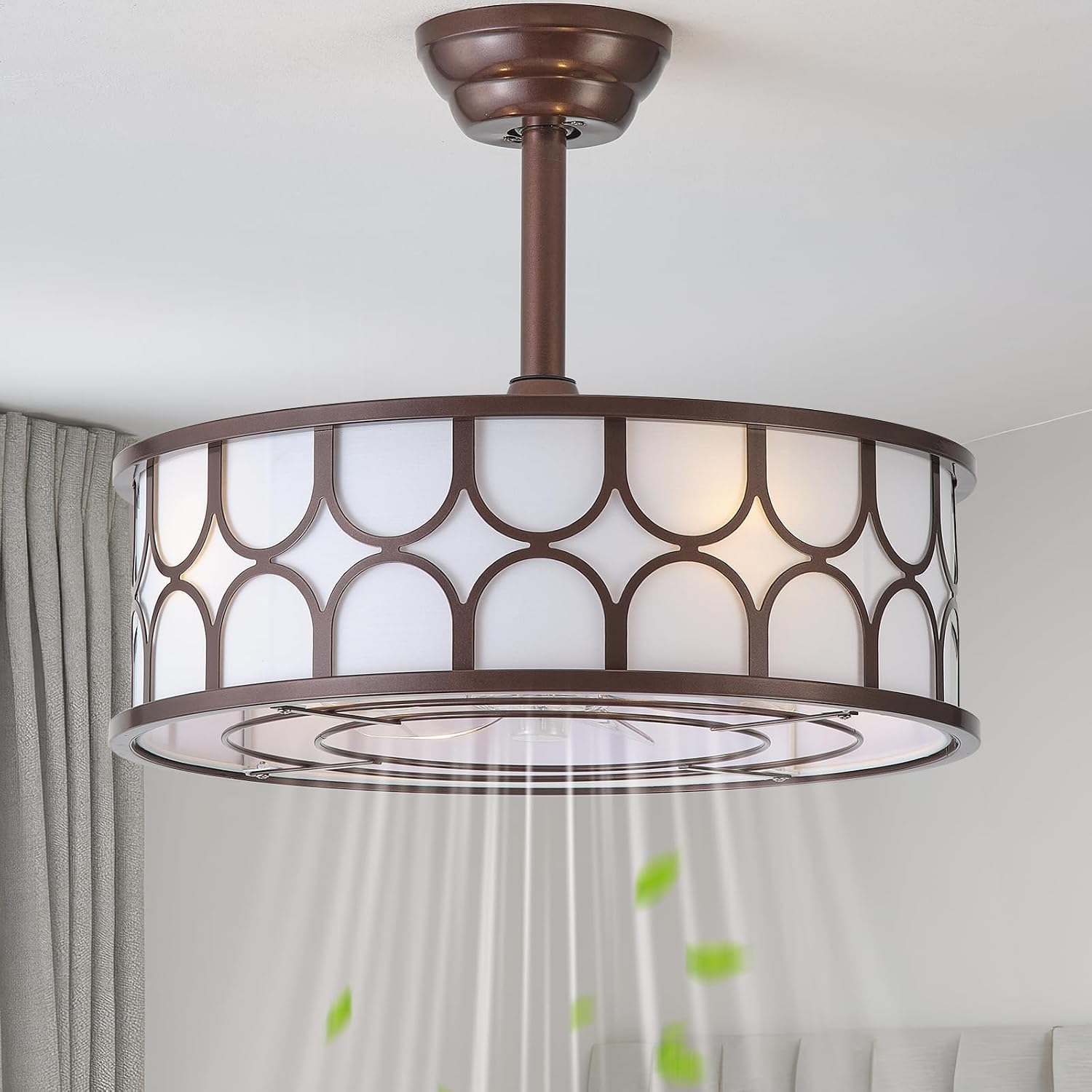 20' Brown Boho Fandelier Ceiling Fan with Lights, Caged Bladeless Ceiling Fan with Light Remote Control, Chandelier with 6 Speeds for Bedroom, Nursery, Living Room