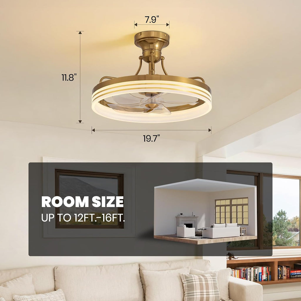 20inch Ceiling Fan with Light Gold Flush Mount Fandelier with Remote Control Modern LED Ceiling Fan 6 Wind Speeds Fandelier for Bedroom Living Room Kitchen
