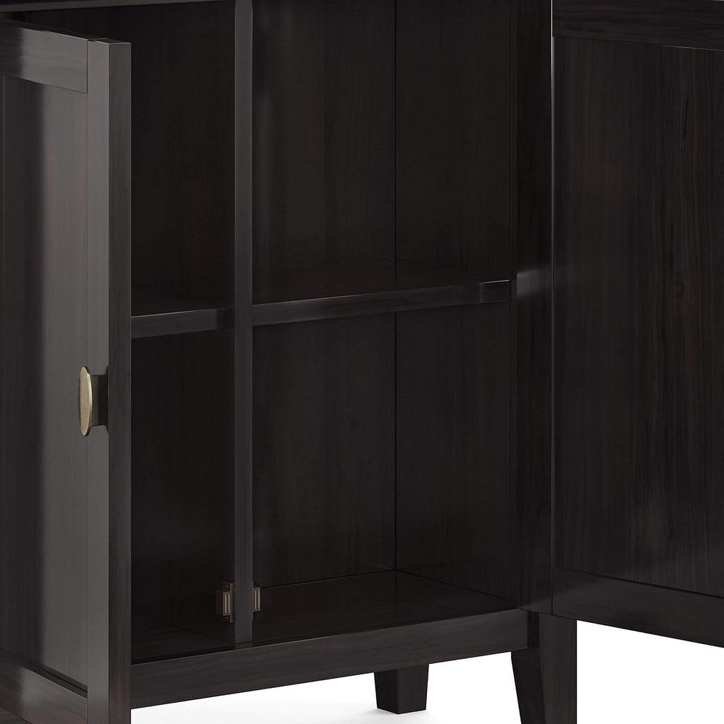 SIMPLIHOME Redmond Storage Cabinet - 32 inch Wide Solid Wood 2-Shelf Low Storage Cabinet in Hickory Brown, Transitional Accent Cabinet for Entryway with Adjustable Shelves and Tapered Legs