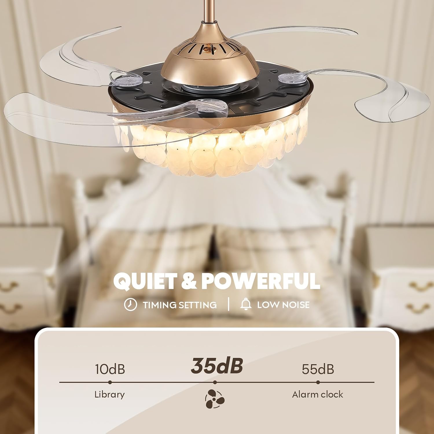 48'' Boho Fandelier Ceiling Fan with Light, Capiz Shell Retractable Ceiling Fan Lights with APP/Remote, Dimmable Coastal Invisible Chandelier Fan with 6 Speeds Wind, Timer for Bedroom Living Room-Gold