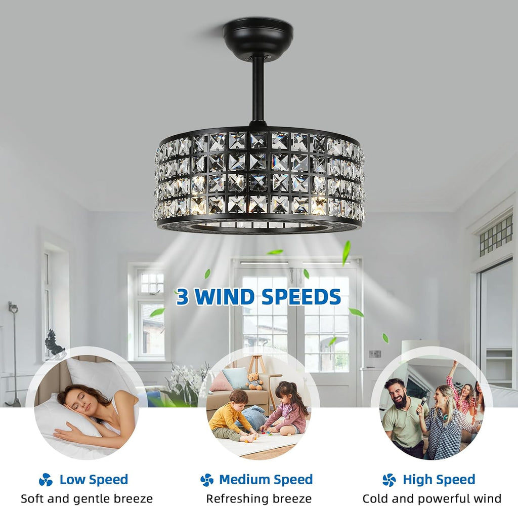 YYEHON Bladeless Ceiling Fan with Lights and Remote, 18' Caged Industrial Fandelier, Indoor Crystal Chandelier Ceiling Fan for Bedroom, Living Room, Dinning Room, Kids Room, Black