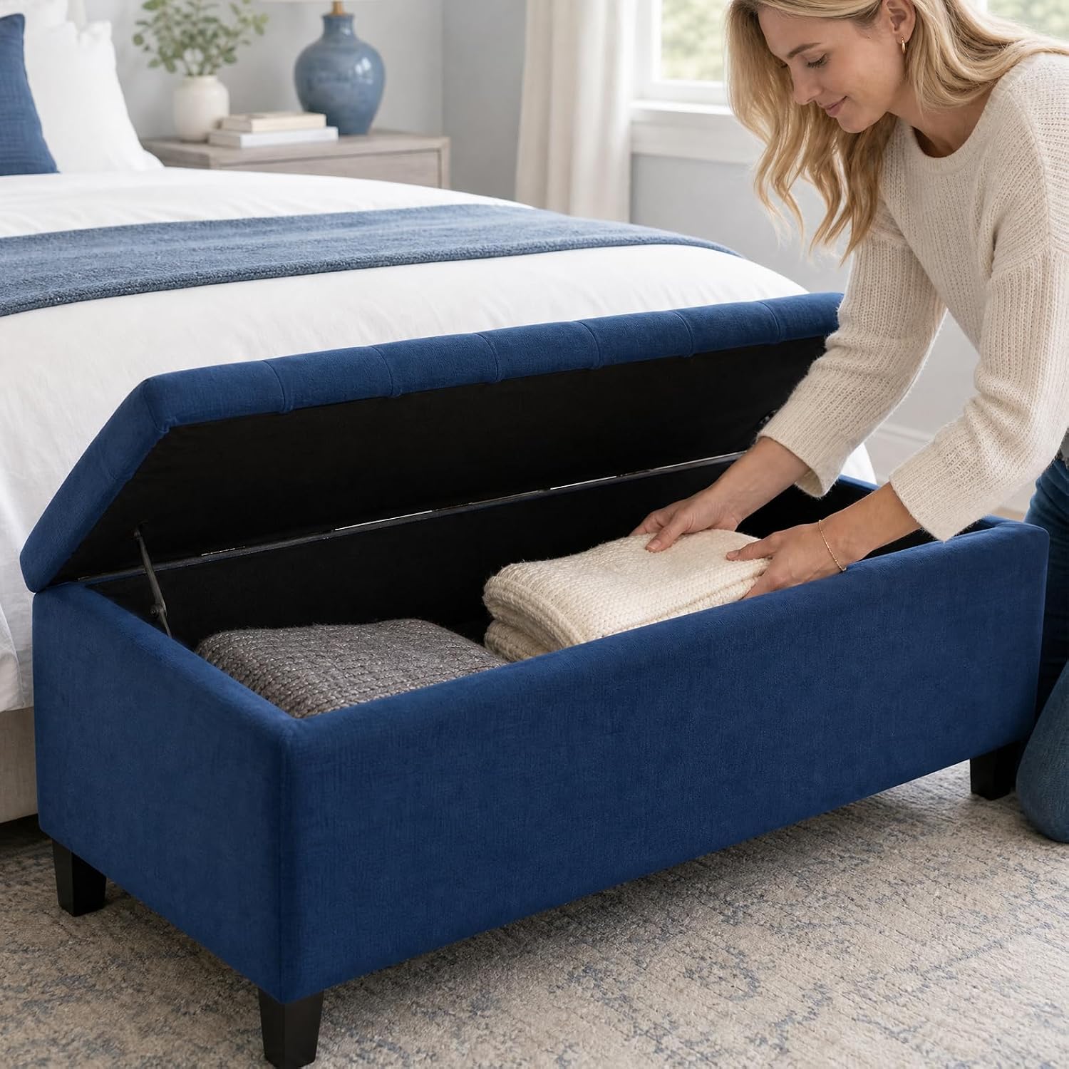 Madison Park 49' Upholstered Storage Bench, Button Tufted End of Bed Bench with Storage, Dual Spring Soft-Close Lid, Bedroom Bench for Queen King Bed, Entryway Living Room, Navy