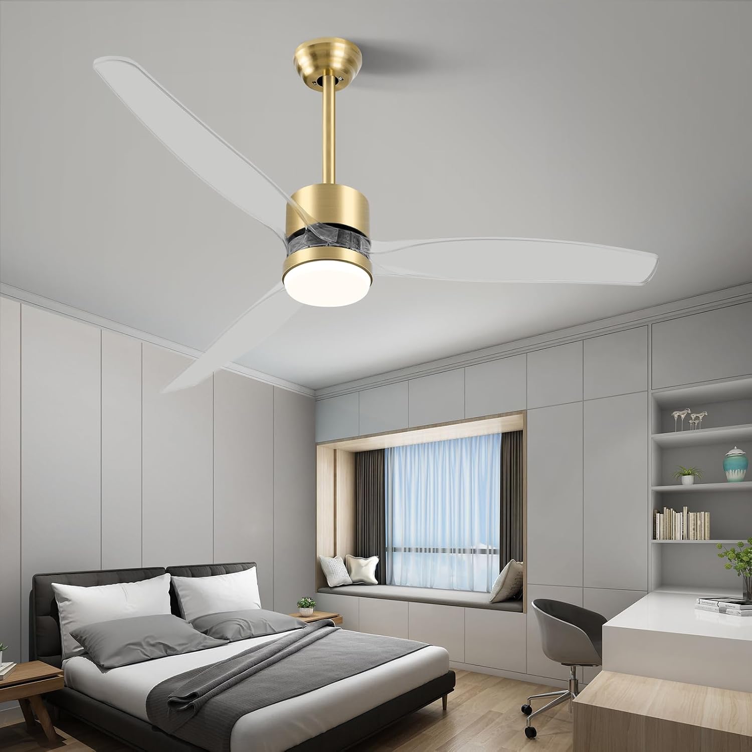 OKELI 52' Smart Ceiling Fan with Light, WiFi Enabled for Alexa & App Control, Reversible Gold Modern Ceiling Fan with Dimmable LED Light and Remote, Clear Blades for Living Room Bedroom