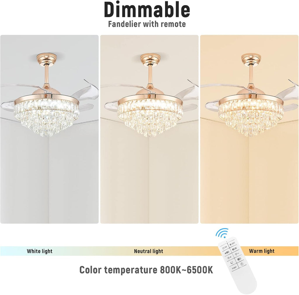 CLAIRDAI 42'' Crystal Fandelier Ceiling Fan with Lights, Dimmable LED Fan with Retractable Blades, Remote, 6-Speed Reversible, Semi Flush Mount for Bedroom Dining Room