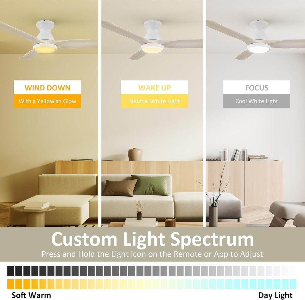 SMAAIR Smart Ceiling Fans with Lights Damp Covered, Solid Wood Flush Mount, Tri-Color Temperatures LED Dimmable,Quiet Reversible Motor, Works with Alexa|Google Assistant|Siri Shortcuts (52inch, White)