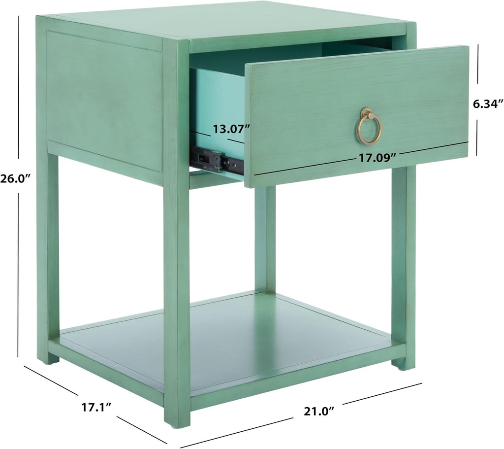 SAFAVIEH Furniture - Sadie 1-Drawer Nightstand - Turquoise - Wood - Glam Gold Hardware Design - Ideal for Bedroom, 21'W x 17.2'D x 26'H - Fully Assembled (NST9201C)