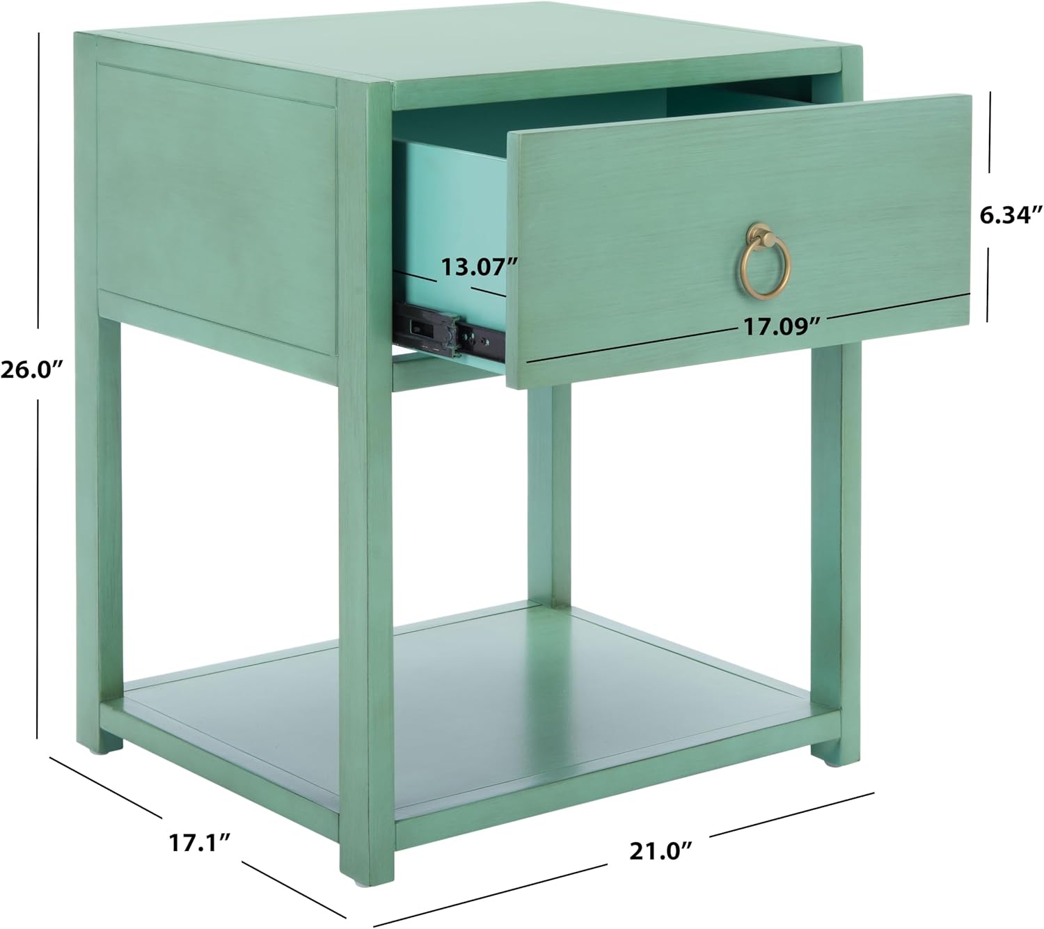 SAFAVIEH Furniture - Sadie 1-Drawer Nightstand - Turquoise - Wood - Glam Gold Hardware Design - Ideal for Bedroom, 21'W x 17.2'D x 26'H - Fully Assembled (NST9201C)
