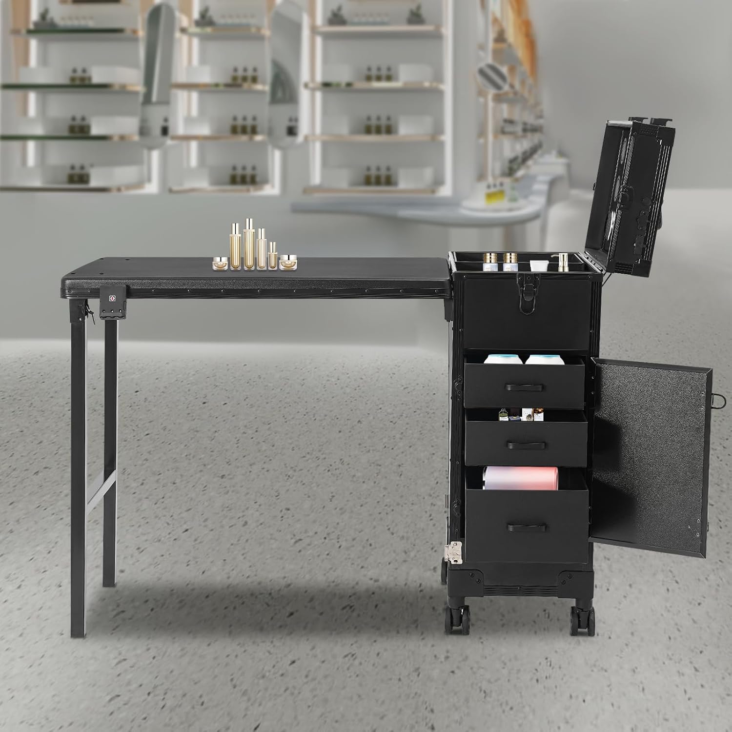 Professional Rolling Makeup Case, Foldable Nail Tables with Detachable Lighted Mirror, Travel Cosmetic Trolley Storage Organizer with Drawers & Bluetooth Speaker, Manicure for Artist (Black)