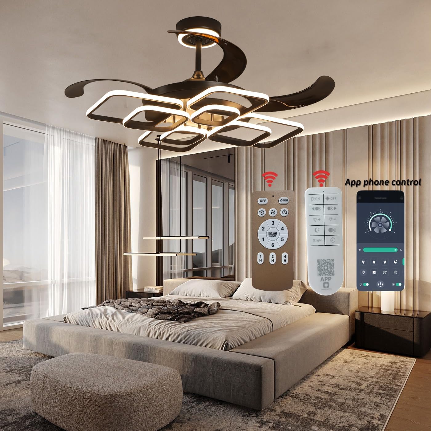48' Ceiling Fans with Lights and Remote Control 3000-6000K Dimmable Morden LED Fans Light, 6 Wind Speeds, Black Chandelier Ceiling Fans for Bedroom Living Room