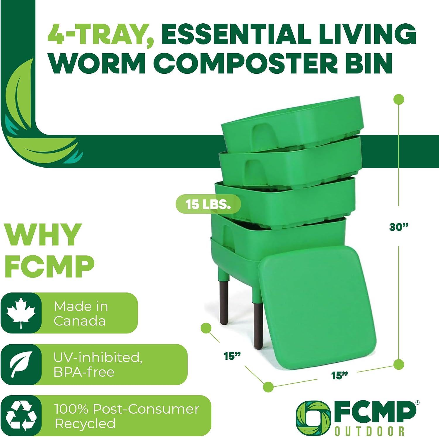 FCMP Outdoor - The Essential Living Composter, 4-Tray Worm Vermicomposter Bin, Green
