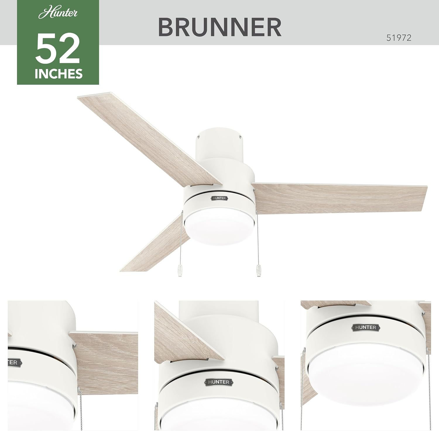 Hunter Fan Company, 51972, 52 inch Brunner Matte White Low Profile Ceiling Fan with LED Light Kit and Pull Chain
