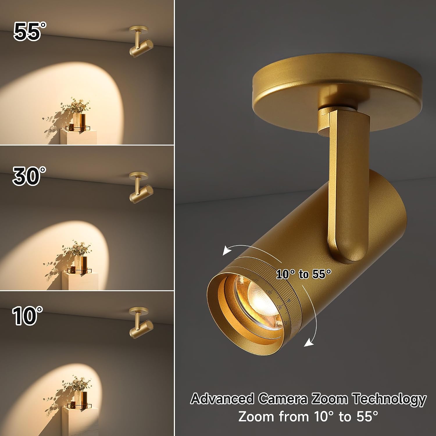 12W LED Gold Dimmable Zoomable Ceiling Spotlight Indoor – Adjustable Surface Mount Accent Light for Corridor, Living Room, Plants & Painting | Warm White 3000K CRI 97, Flicker-Free, 2 Packs