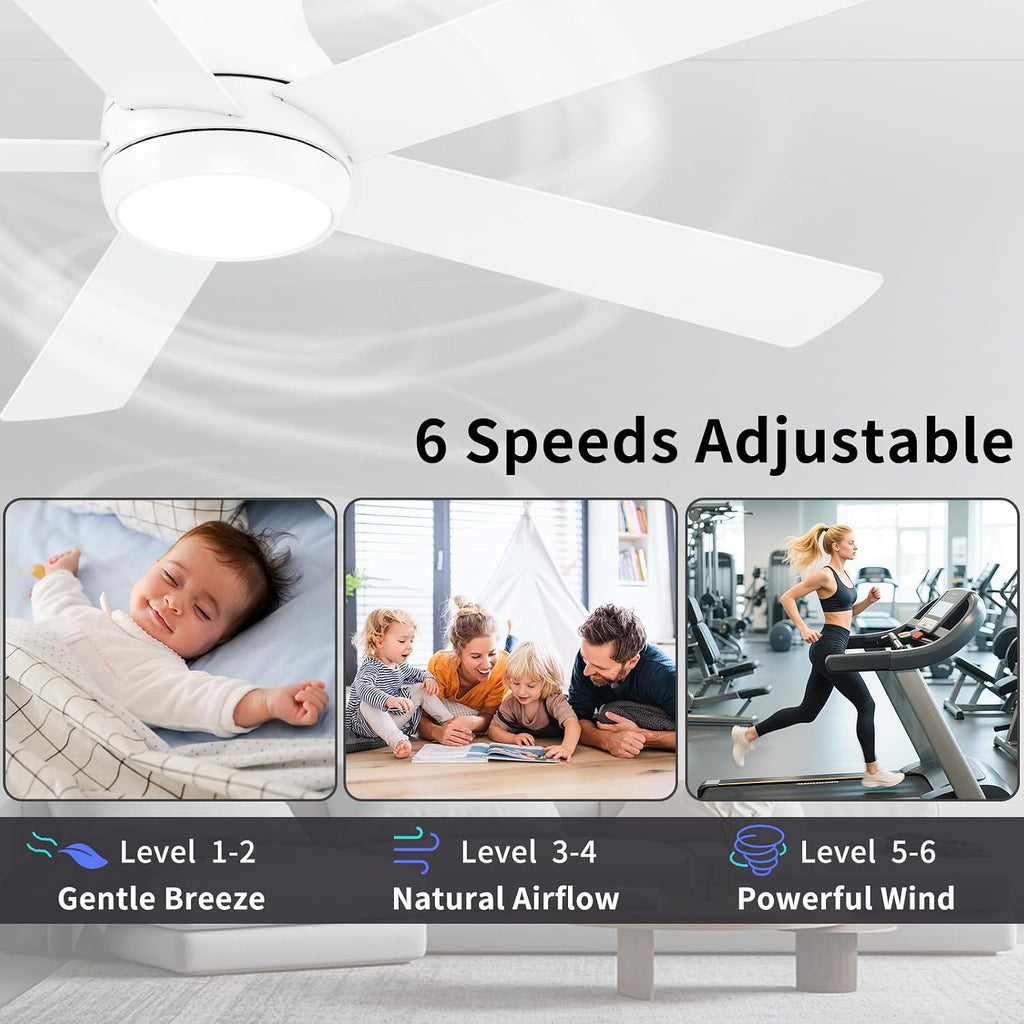 POCHFAN 60 Inch White Ceiling Fans with Lights and Remote, LED Low Profile Flush Mount Ceiling Fan for Bedroom, Living Room, Quiet DC Motor, Dimmable 6 Speeds