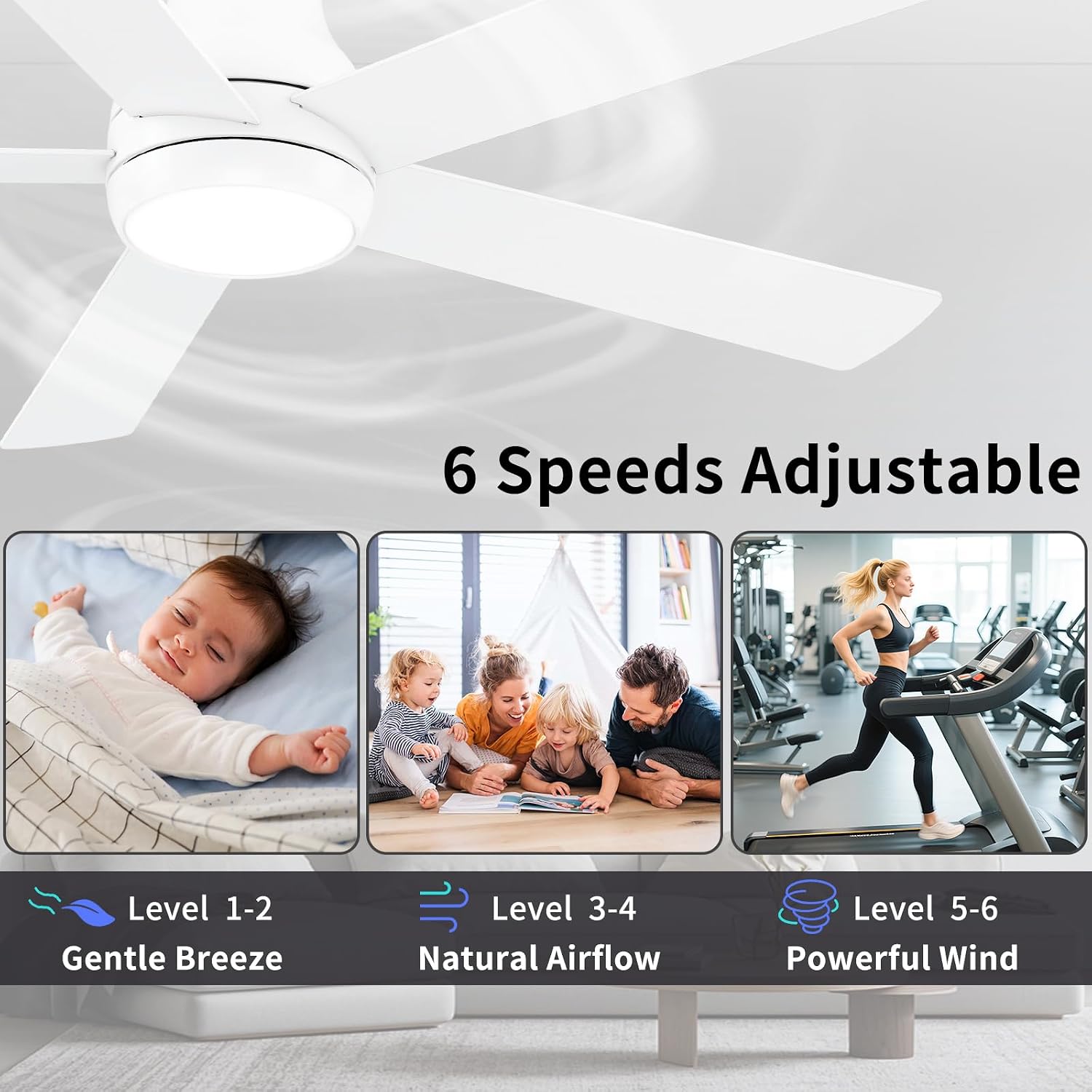 POCHFAN 60 Inch White Ceiling Fans with Lights and Remote, LED Low Profile Flush Mount Ceiling Fan for Bedroom, Living Room, Quiet DC Motor, Dimmable 6 Speeds