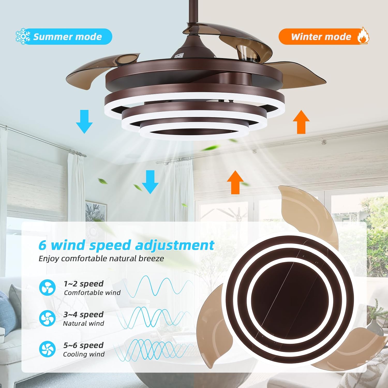 42 Inch Retractable Ceiling Fan, Fandelier Ceiling Fan with Light, Dimmable，Silent DC Motor, 6 Speeds, Brown Chandelier Ceiling Fans with Lights for Bedroom/Living Room/Kitchen/Kis Room/Patio