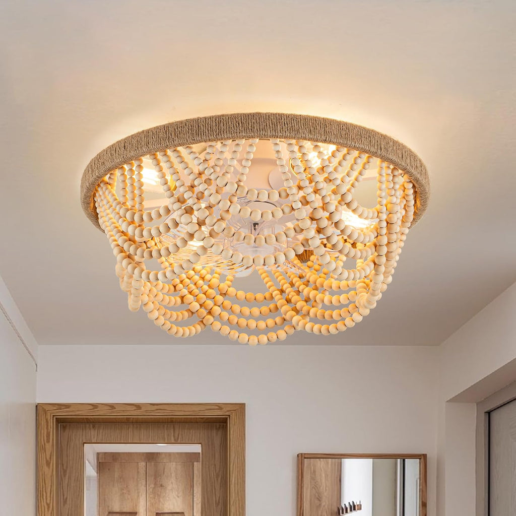 20' Boho Fandelier Ceiling Fan with Light, Flush Mount Low Profile Ceiling Fan Handcrafted Beaded for Bedroom, Living Room