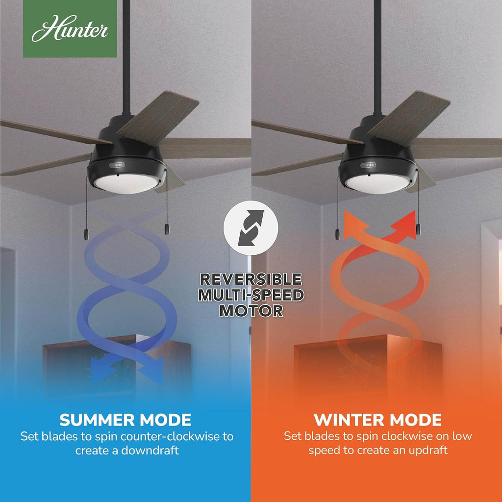 Hunter 44 inch Indoor Ceiling Fan with LED Light - Black Ceiling Fan with Pull Chain, For Bedroom or Living Room, Standard Mount, No Remote, 5 Blades, Includes Bulbs - Burroughs 51385, Matte Black