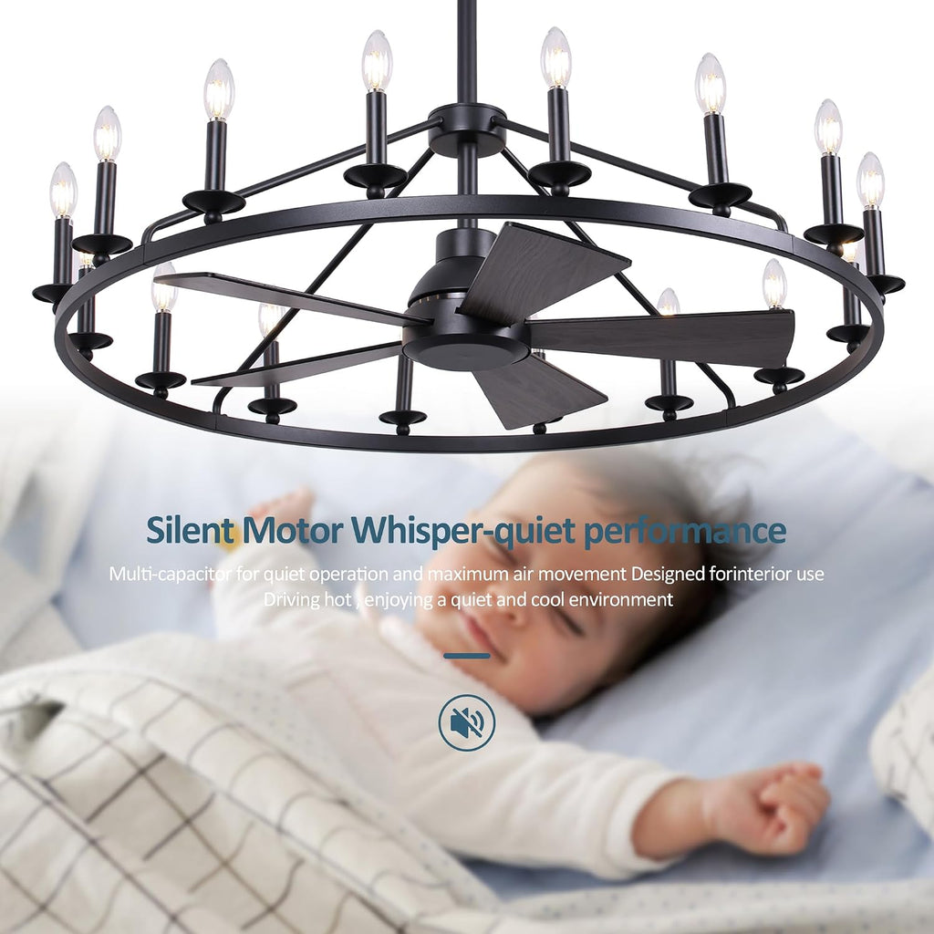 COCOSTAR 44' Black Wagon Wheel Ceiling Fan with 16-Lights, Adjustable Height Farmhouse Fandelier Chandelier for Living Room, E12 Bulb Compatible, Perfect for Summer Cooling and Winter Air Circulation